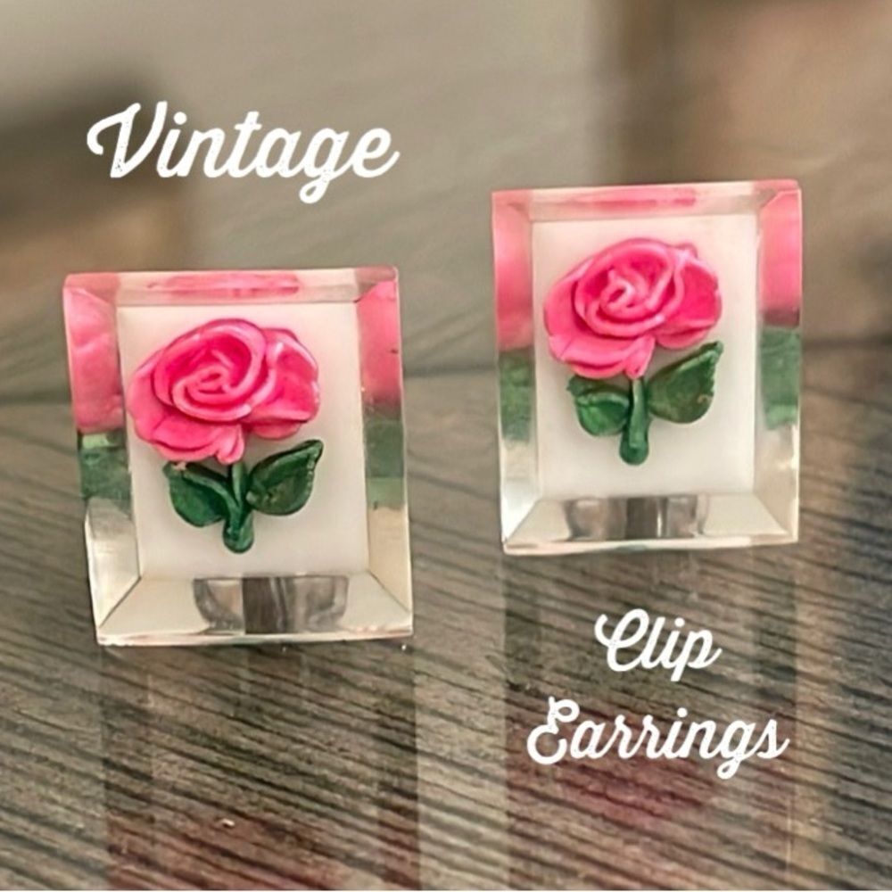 Vintage Clear Rectangle Lucite Reverse Carved Pink Painted Rose Clip Earrings